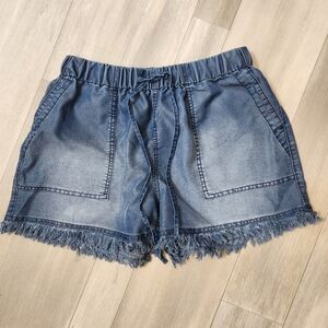 Relaxed fit shorts women's M blue silky washed print 3" airy raw hem comfort